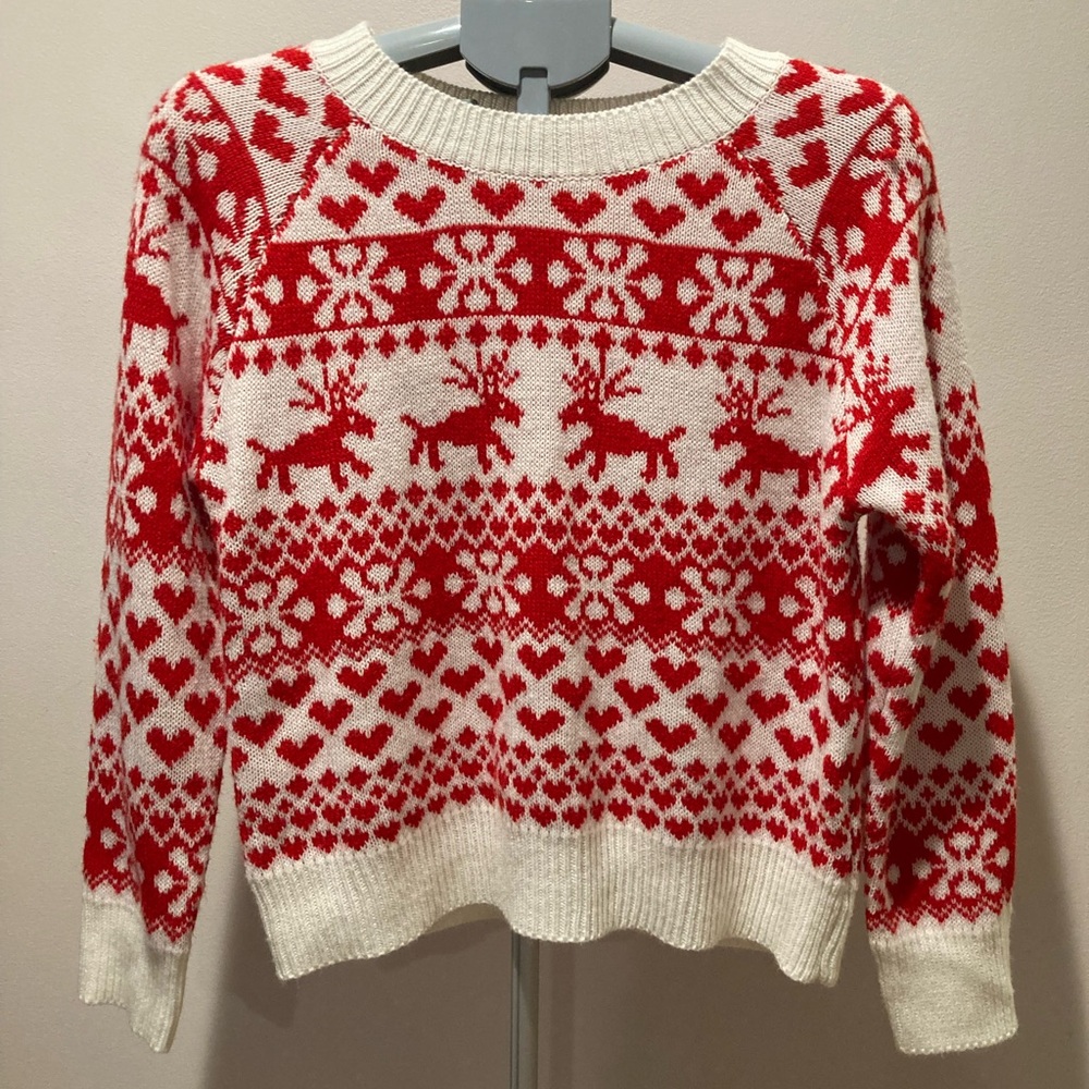 🎄🤶🎁Red & White Fair Isle Festive Christmas Sweater Reindeer Snowflakes Hearts